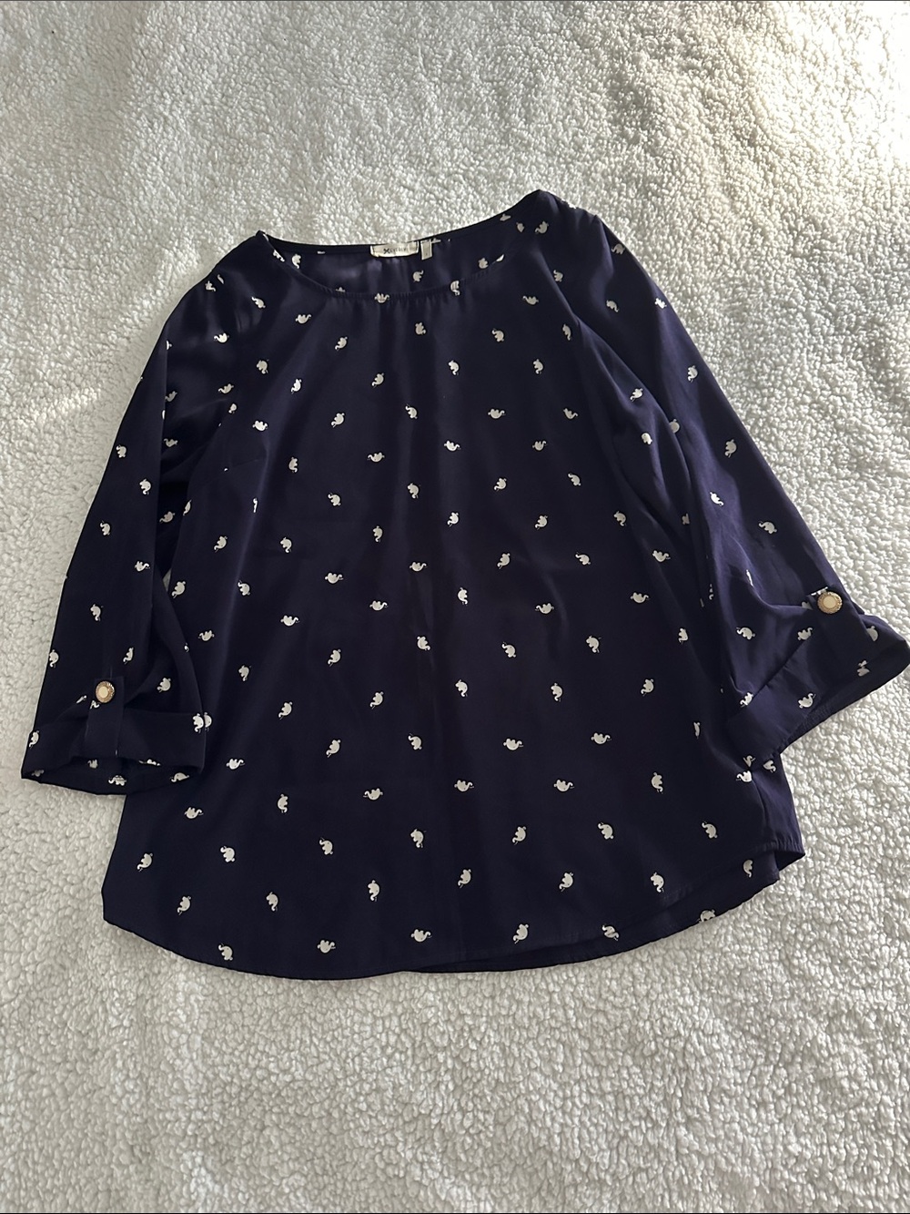 Everly Navy Top with White Elephant Motif